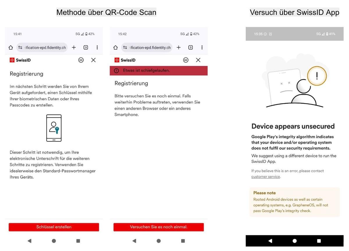 Probleme auf einem Pixel 9a mit dem neuesten GrapheneOS. Liebe Entwickler, was auch immer die gesetzlichen Auflagen sind, wenn diese SwissID und TrustiD das Rückgrat der Authentifizierung für das EPD sein sollen, müssen sie auf allen Geräten, Betriebssystemen und für alle Menschen, egal ob IT-affin oder nicht, reibungslos funktionieren. Ein Beispiel das dies funktionieren kann ist der amerikanische Identifizierungsdienst Persona Identities (u.a. im Einsatz bei LinkedIn und Etsy).
